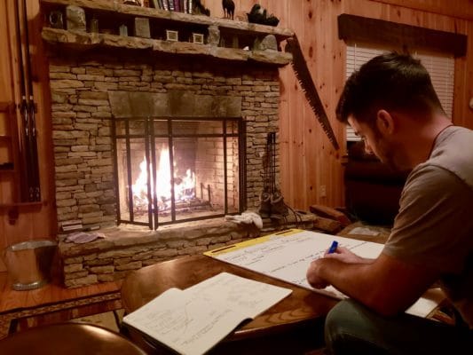 Steven Mindmapping in front of fireplace using The Artist's Way